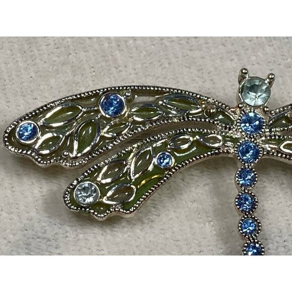 Vintage Dragonfly Pin Brooch Silvertone Light Blue Clear Rhinestone Green Enamel - Picture 5 of 10